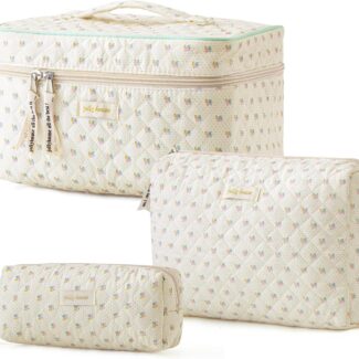 HBselect Quilted Makeup Bag, 3PCS Cotton Large Travel Makeup Bag, Cute Floral Coquette Make up Bag Cosmetic Bag Toiletry Bag for Women Girls